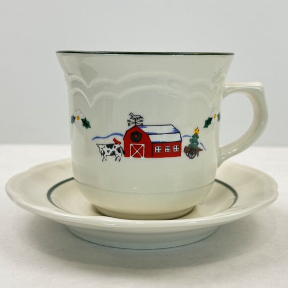 Vtg Pfaltzgraff Snow Village Christmas Farmhouse Coffee Mug Saucer Set Teacup - Picture 15 of 15
